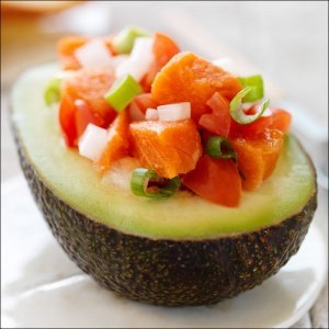 Delicious Lomi Lomi Salmon in an avocaddo from California Avocado