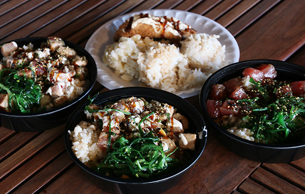 picture of 3 poke bowls and a plate of ahi katsu with rice