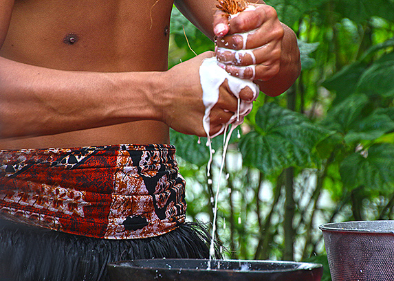 Straining coconut "milk" at the Polynesian Cultural Center