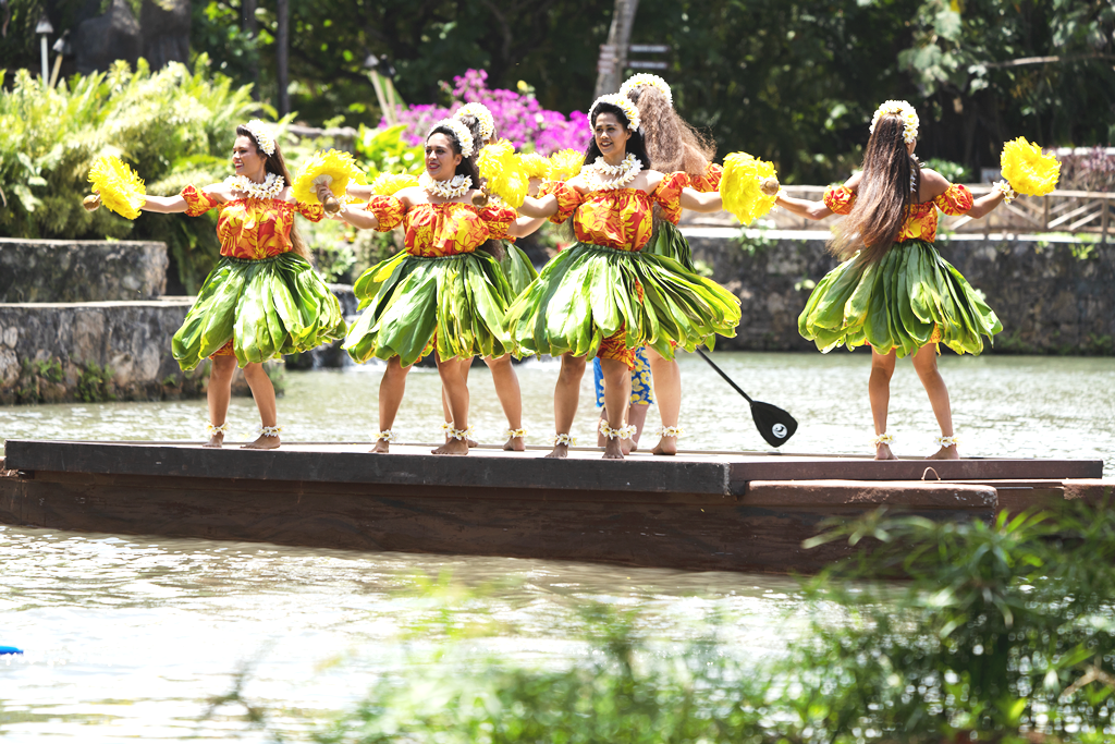 photo of Polynesian Cultural Center's Hawaiian War Change costumes for their production of Huki: A Canoe Celebration