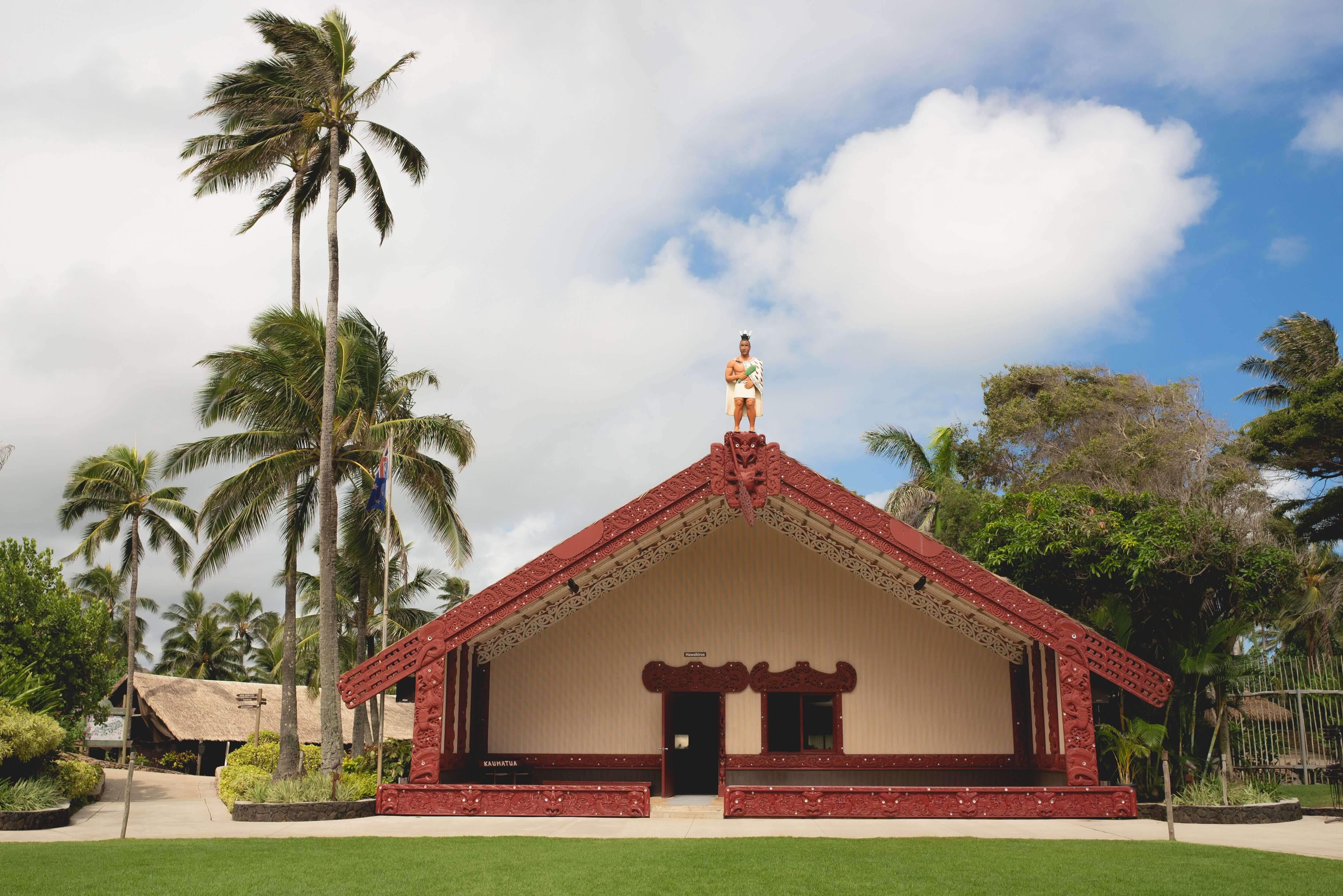 A front view of the Whare Runanga or “house of learning”