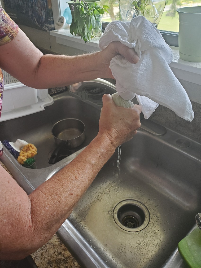 Photo showing a papaya being squeezed to remove the moisture.