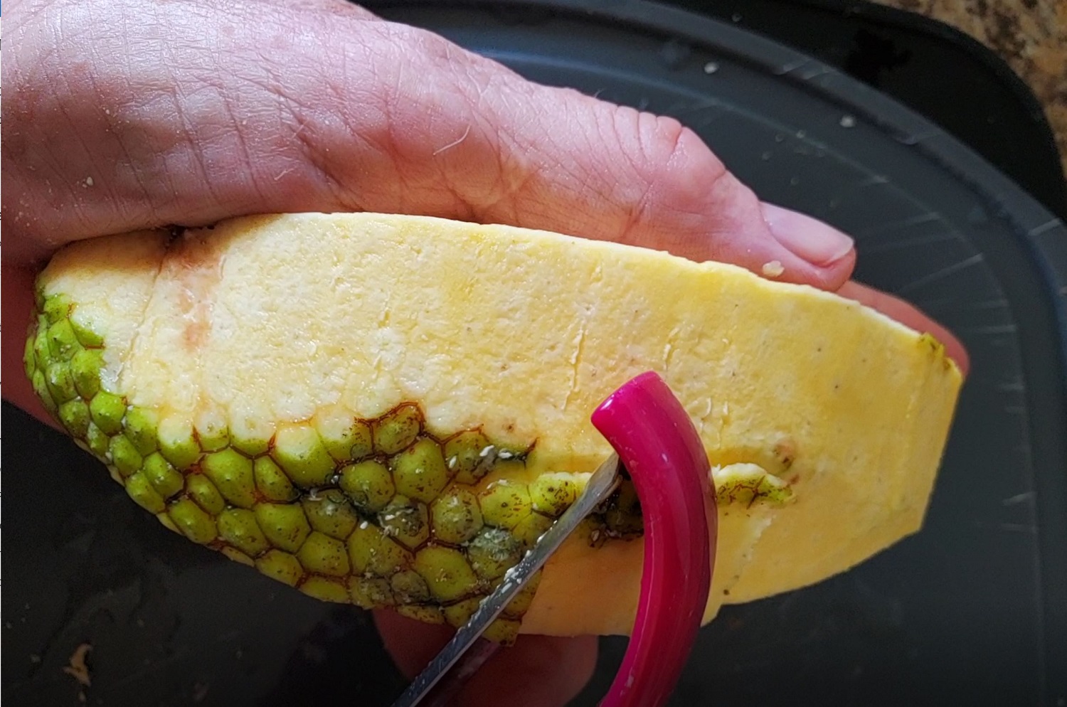 photo of a potato pealer peeling ulu skin