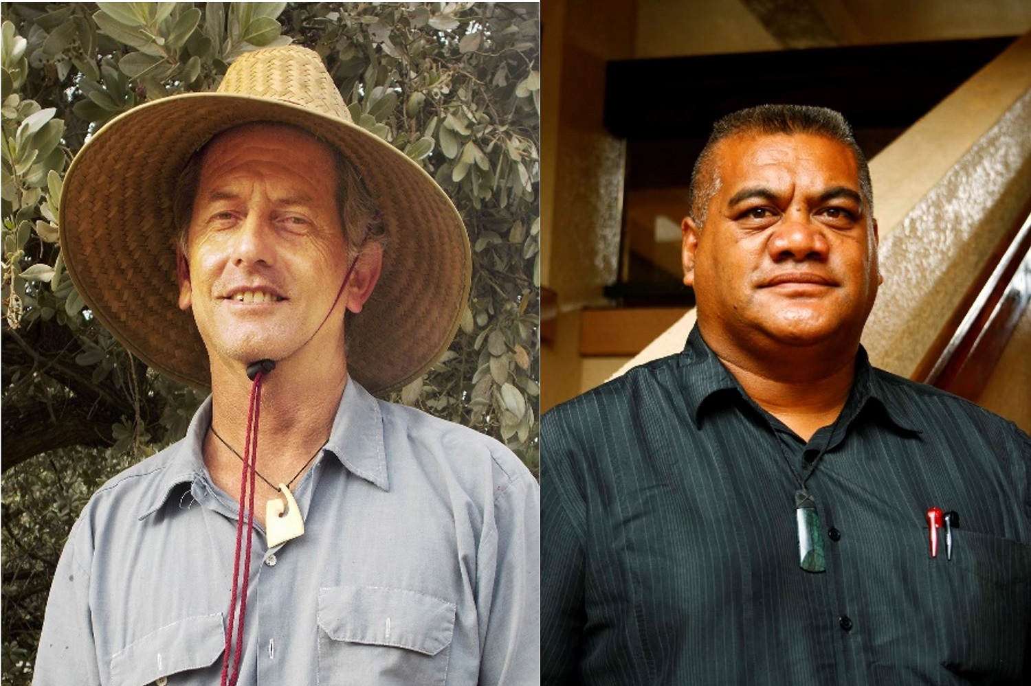 two photos. On the left is Jared Pere, manager of the Carver's Department at the Polynesian Cultural Center. On the right is William Mahoni, a recognized and respected artist. Both men are considered master carvers.