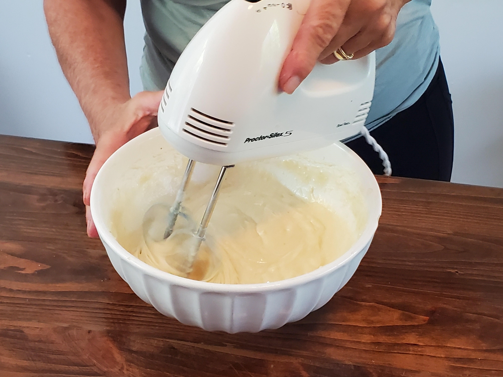 mixer in bowl with tropical banana bread ingredients