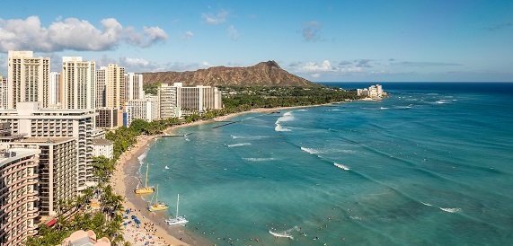 Waikiki beach has many hotels available.
