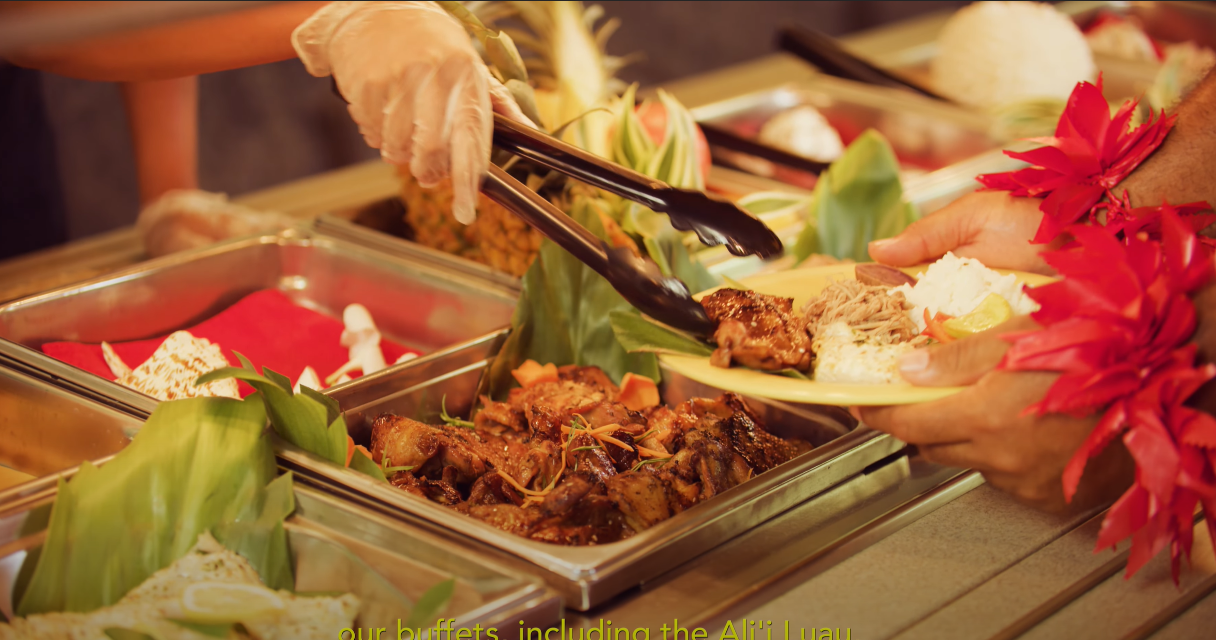 Buffet line at the Alli Luau at the Polynesian Cultural Center. Exclusive ticketing available January and February 2021.