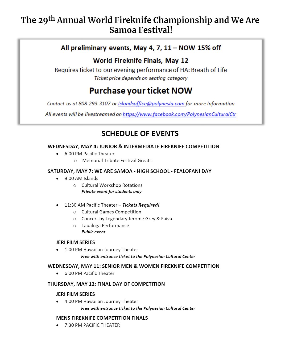 Flyer details how to get tickets, what events are happening and how to apply to be a fireknife competitor at the 29th Annual World Fireknife Competition