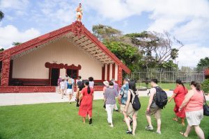 A photo of the Hawaikiroa building in the Aotearoa Village. Polynesian Cultural Center cultural exhibit. 