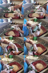 demonstrating how to wrap Tahitian coconut bread with coconut fonds step by step 